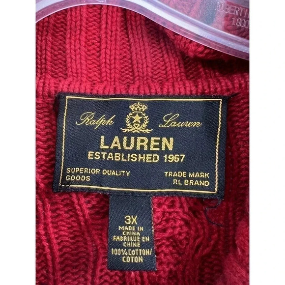 Lauren Ralph Lauren Black Label Red Cable-Knit Full-Zip Red Sweater 3Xlarge Plus - Picture 3 of 9
